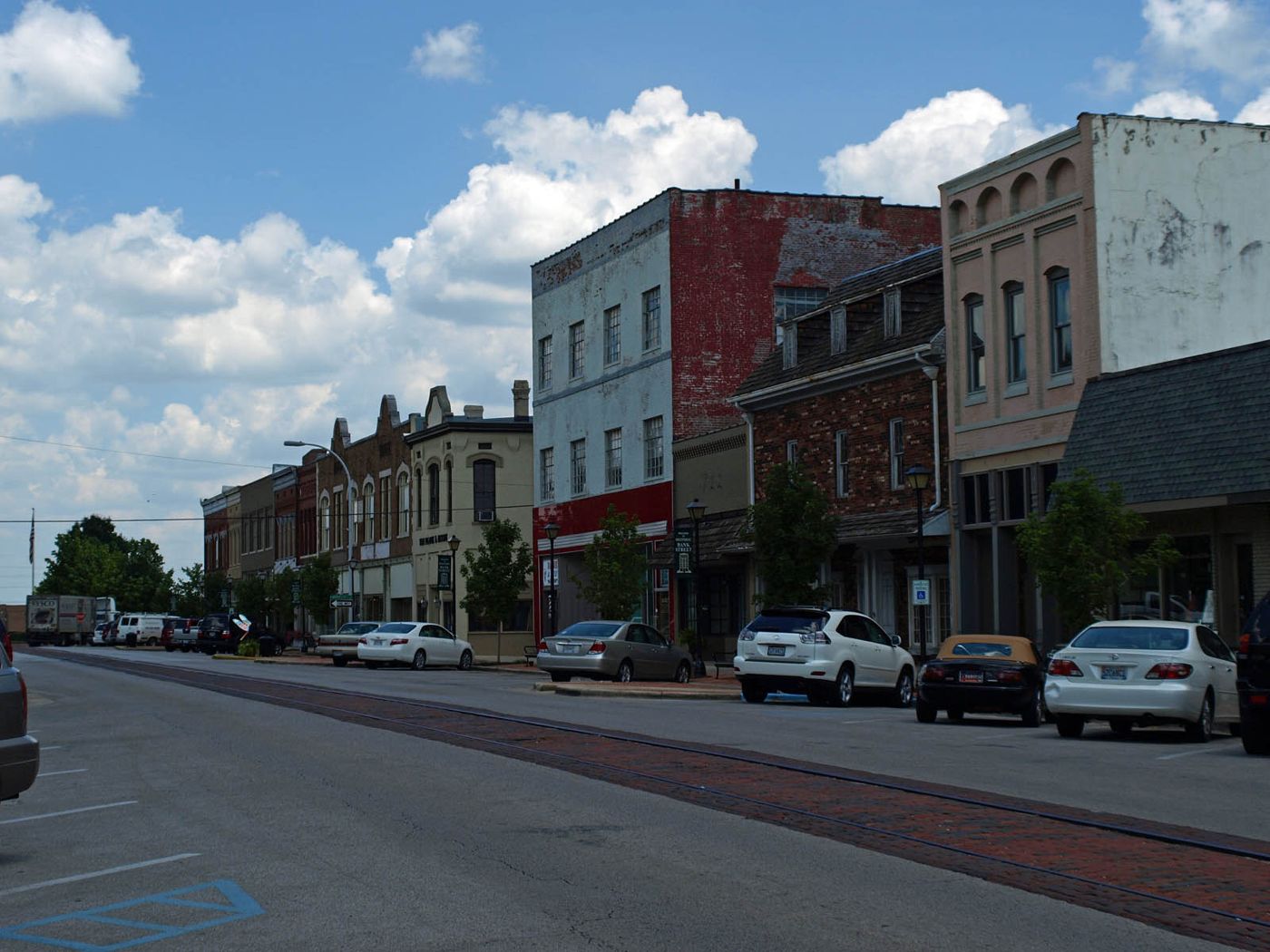 Historic storefronts on Bank Street in downtown Decatur, Alabama